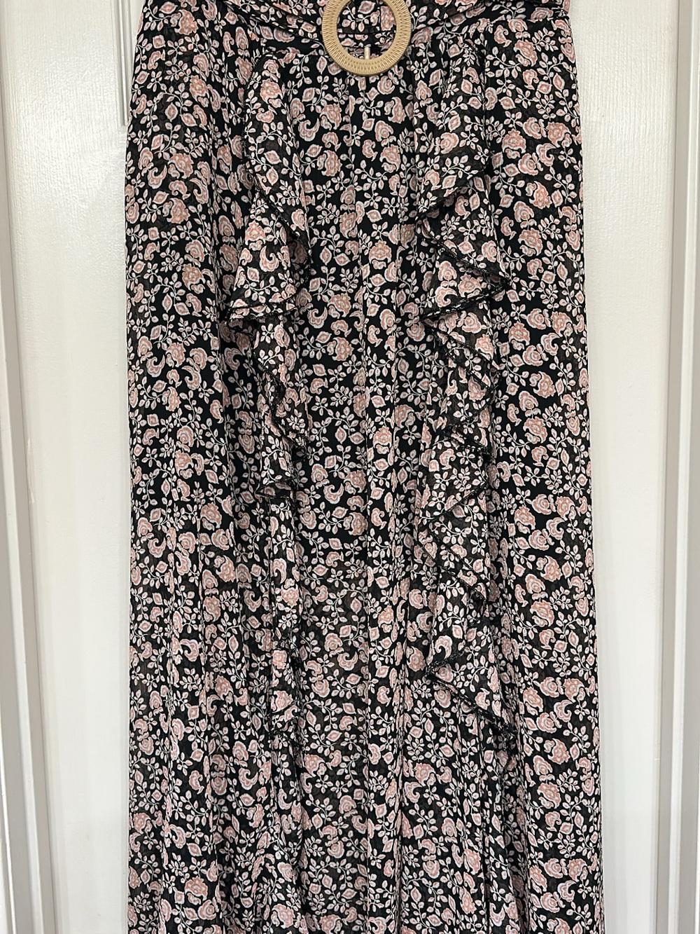 Cato Black Maxi Skirt with Blush Floral Ruffles